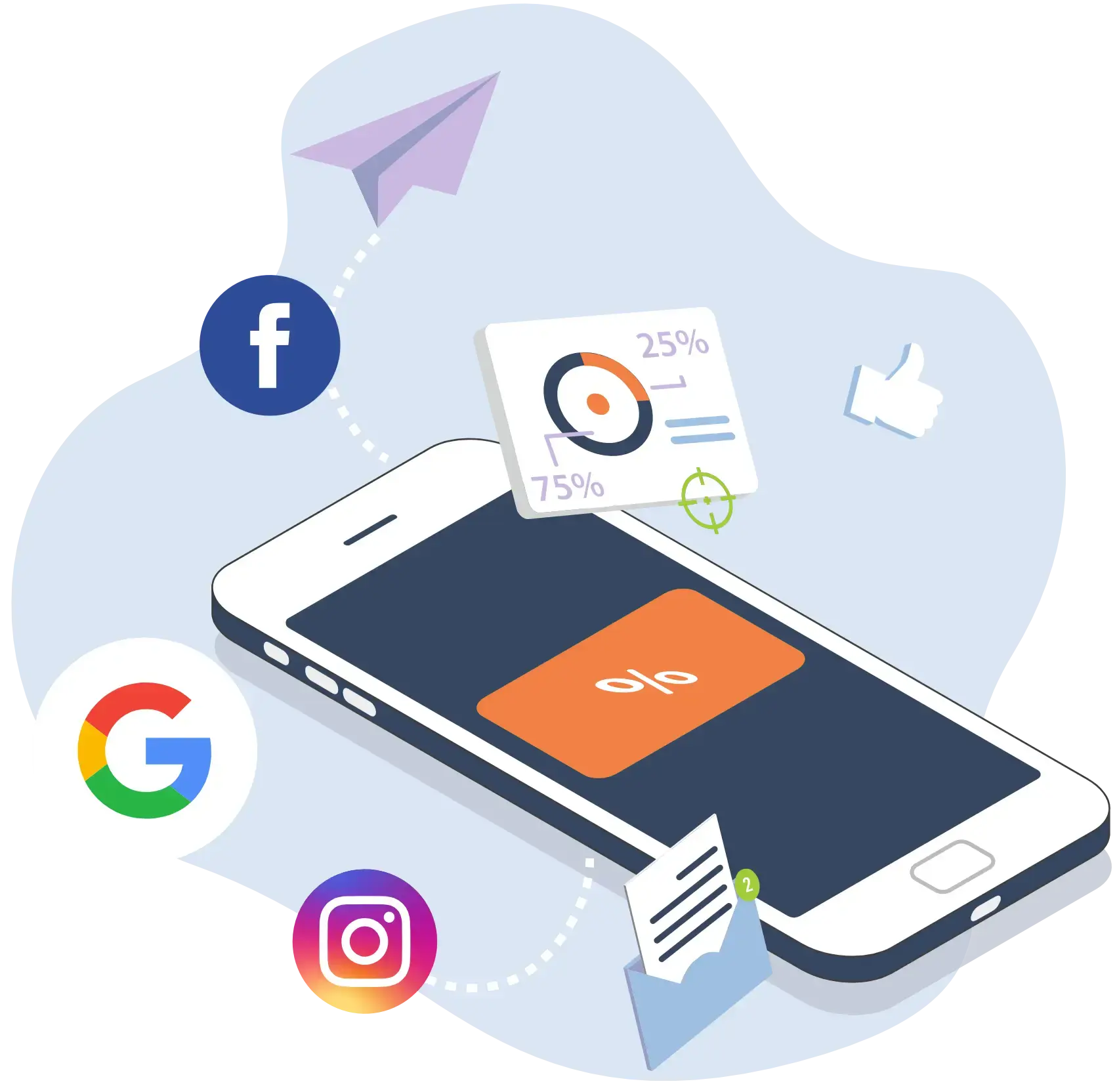 Illustration représentant la visibilité digitale via un smartphone avec des moyens de communication gravitant autour