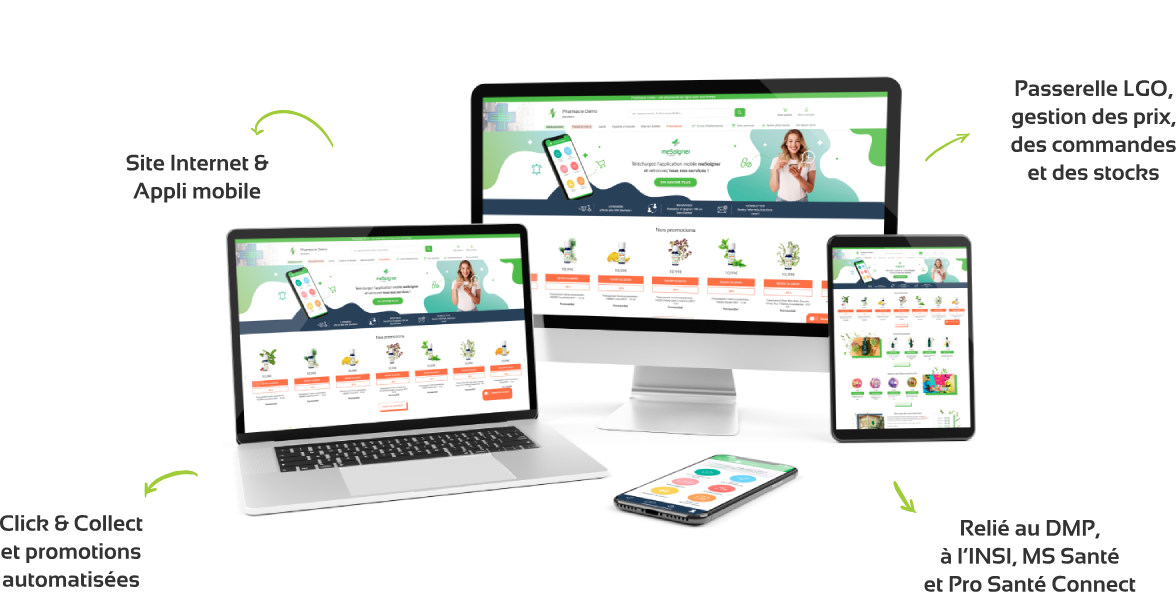 Appareils électroniques (PC, laptop, tablette, smartphone) sur lesquels figurent un site pharmacie meSoigner